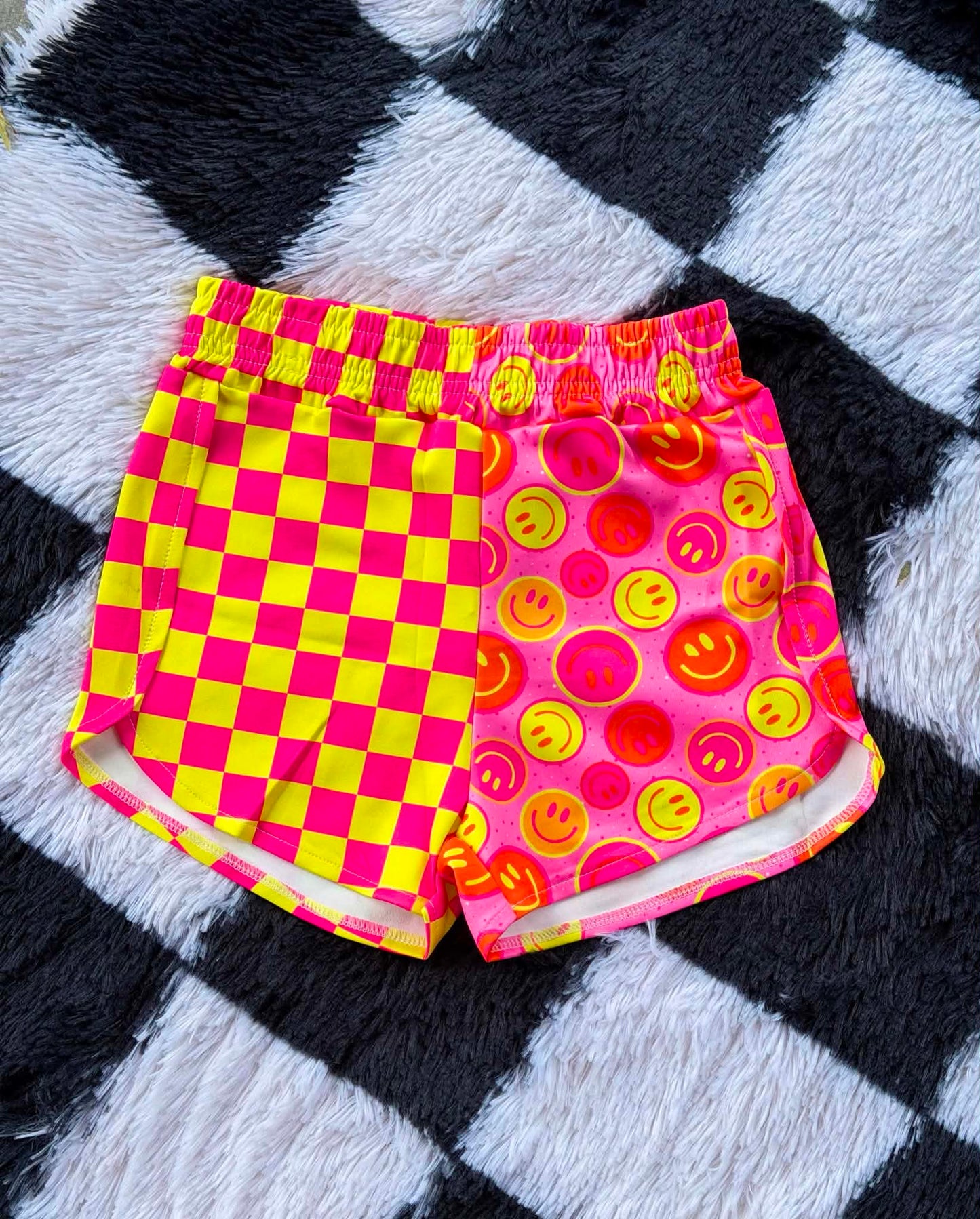 Half/Half Shorts - Pink & Yellow Checkered Smileys
