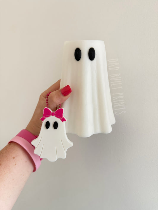 3D printed 16oz SLIM WHITE ghost drink holder & pink bow tab opener (set)