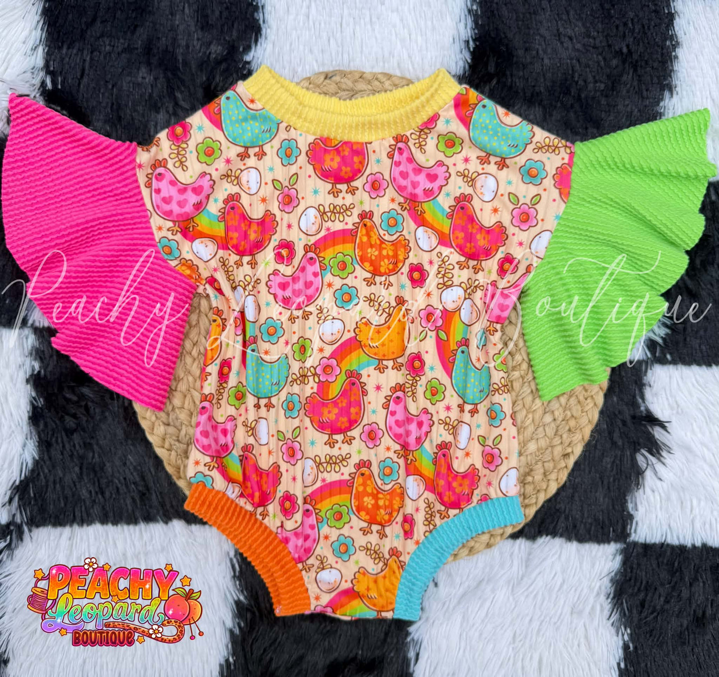6/9 Flutter Sleeve Sweater Romper - Chickens
